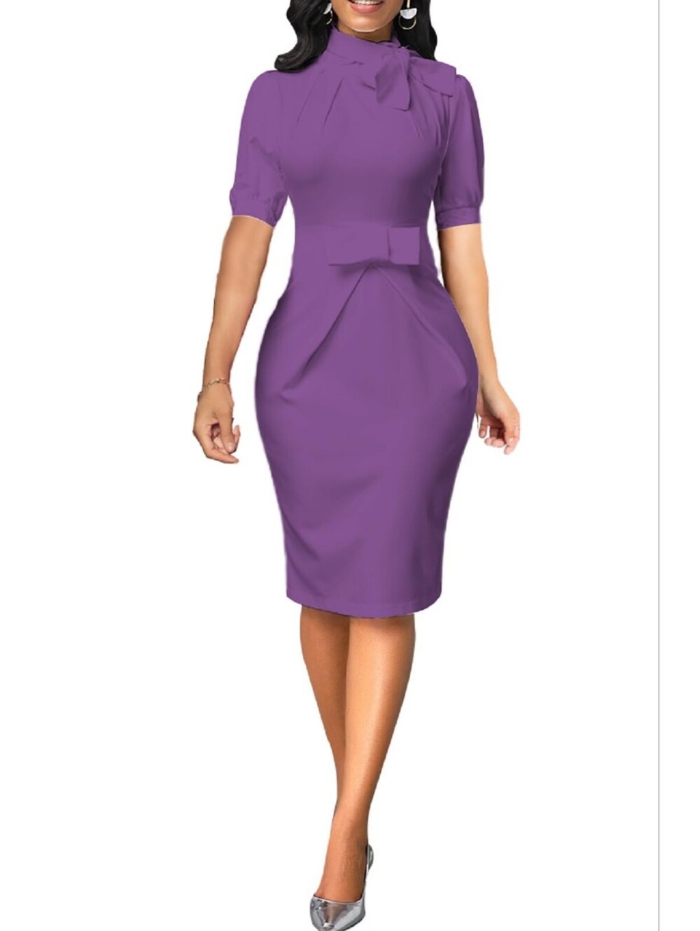 Women's Purple Retro High Neck Short Sleeve Knee Length Bodycon, Pencil, Bow, L